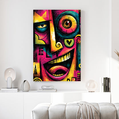 Neon Graffiti Face Pop Art canvas wall art print above a sofa in a contemporary living room