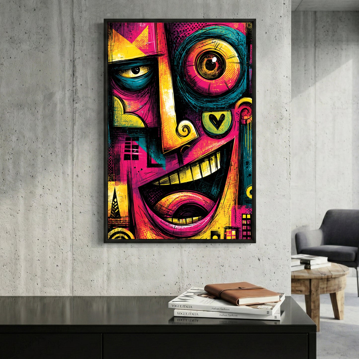Neon Graffiti Face Pop Art framed canvas wall art print in a gallery-style display