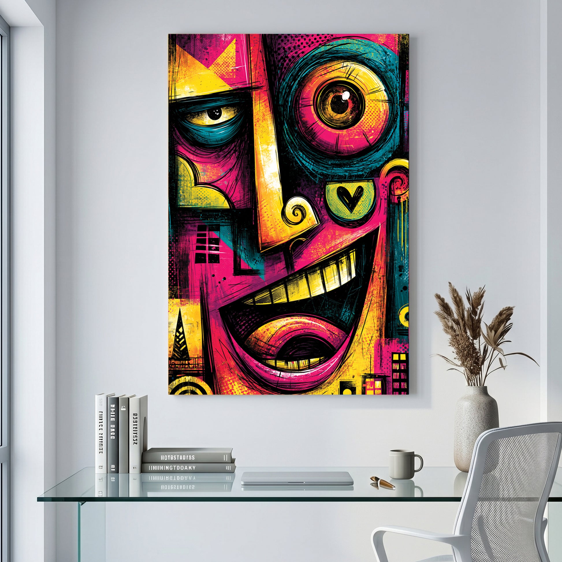 Neon Graffiti Face Pop Art canvas wall art print displayed in a styled living room