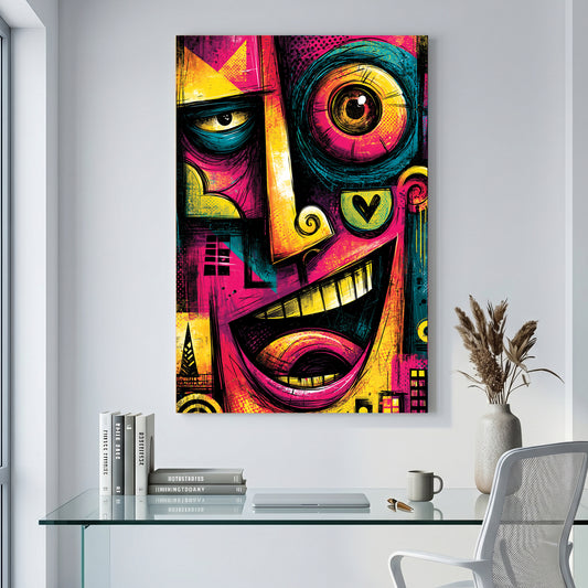 Neon Graffiti Face Pop Art canvas wall art print displayed in a styled living room