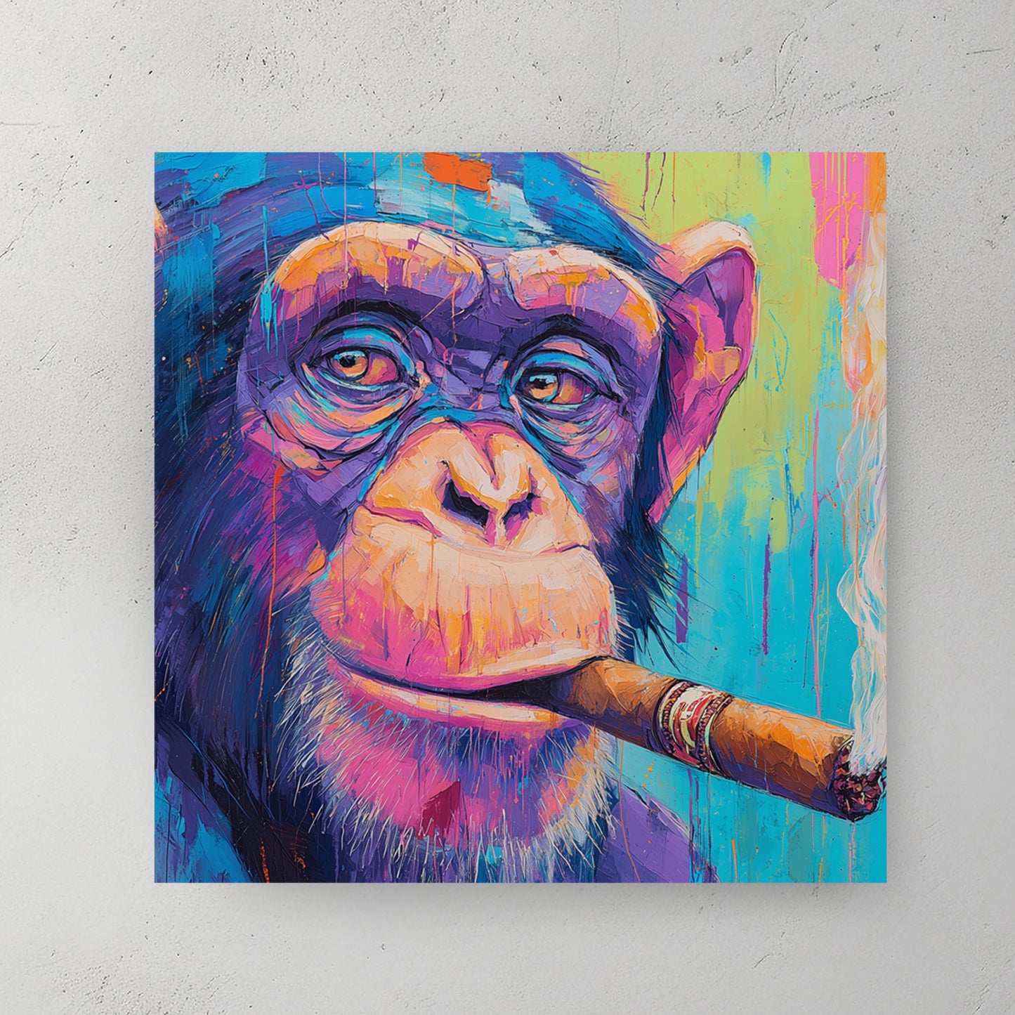 Chimpanzee smoking cigar, colourful purple pink teal palette knife oil painting, dripping paint, lit cigar — canvas wall art print