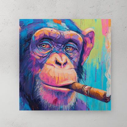 Chimpanzee smoking cigar, colourful purple pink teal palette knife oil painting, dripping paint, lit cigar — canvas wall art print