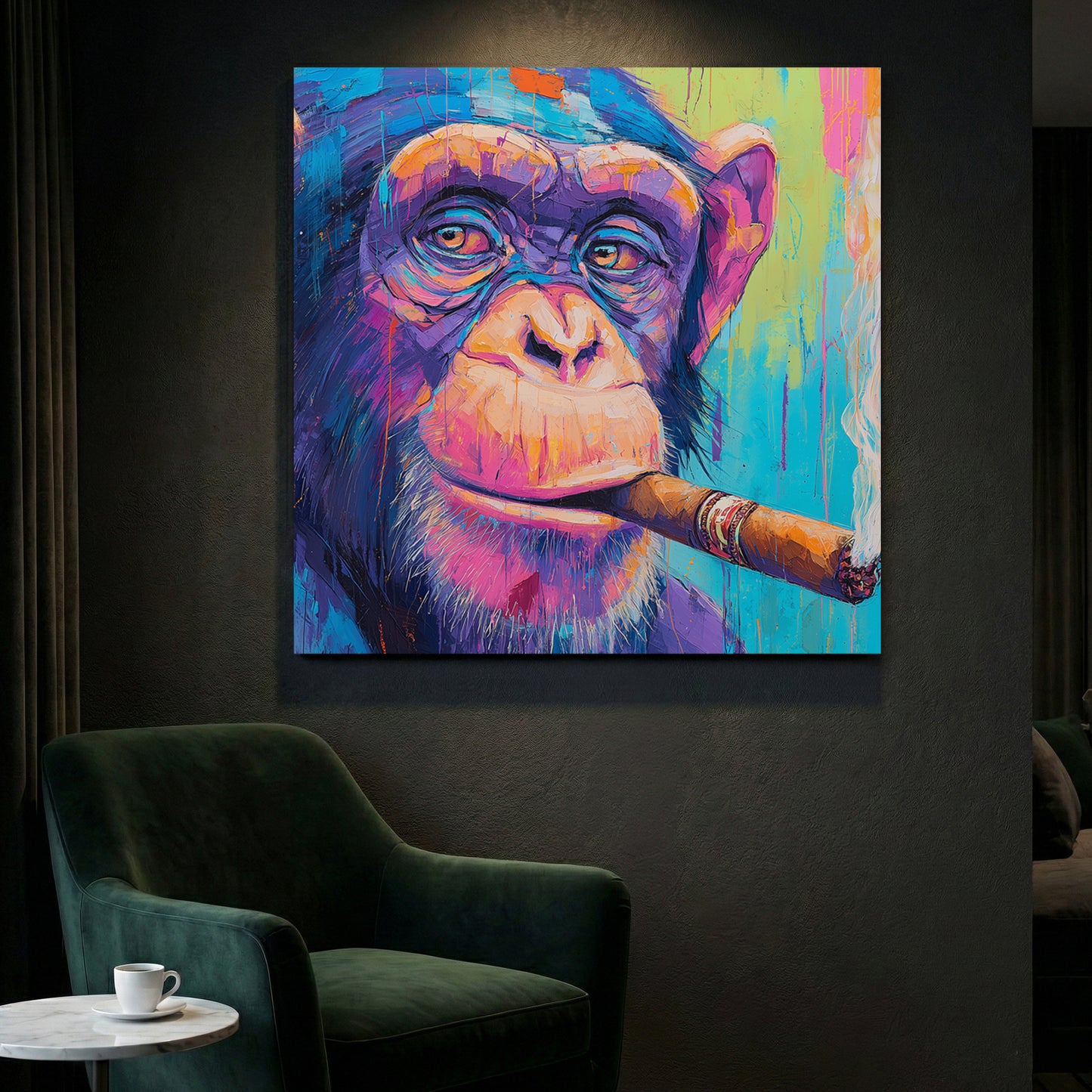 Chimpanzee Smoking Cigar Painting canvas wall art print styled in a modern interior