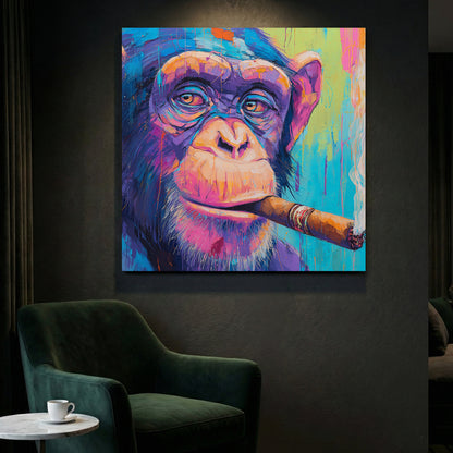 Chimpanzee Smoking Cigar Painting canvas wall art print styled in a modern interior