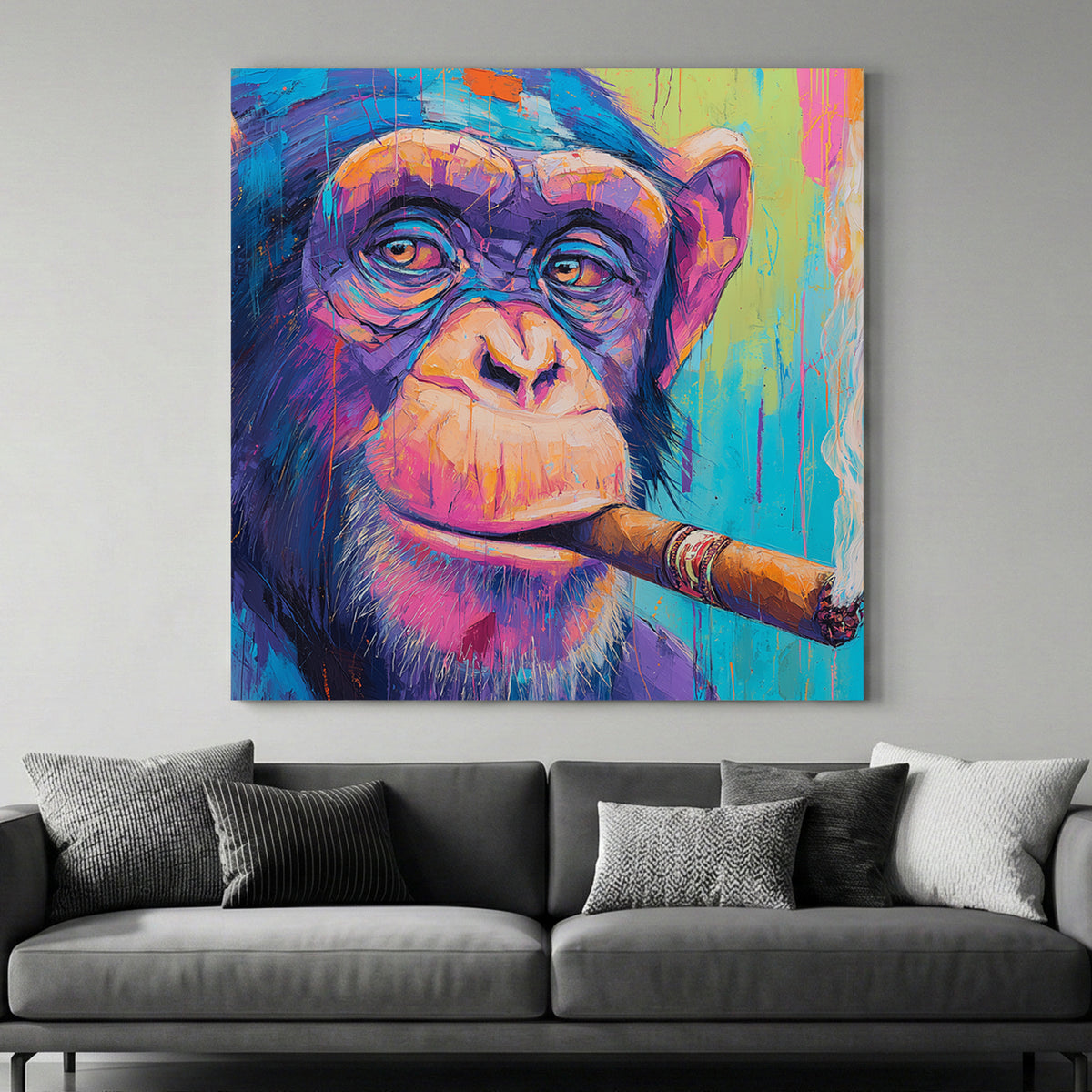Chimpanzee Smoking Cigar Painting canvas wall art print above a sofa in a contemporary living room
