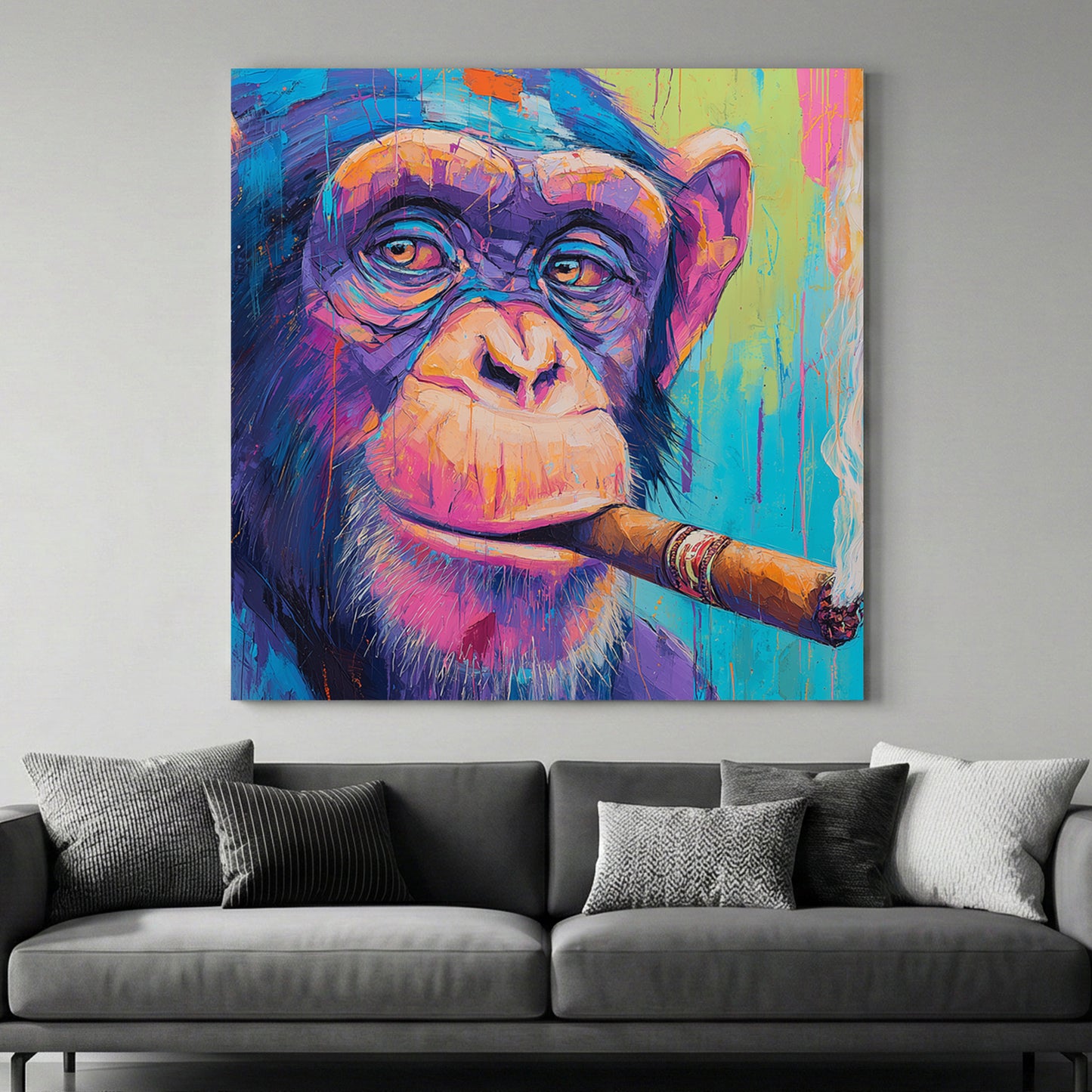 Chimpanzee Smoking Cigar Painting canvas wall art print above a sofa in a contemporary living room