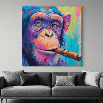 Chimpanzee Smoking Cigar Painting canvas wall art print above a sofa in a contemporary living room