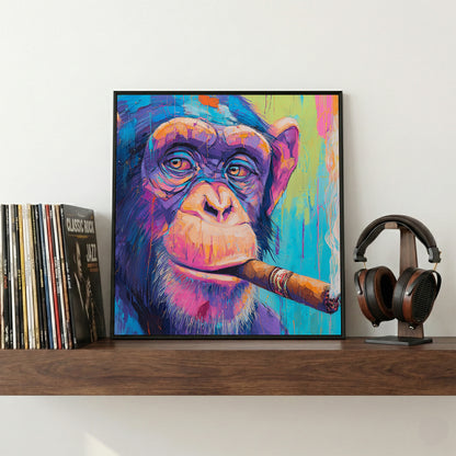 Chimpanzee Smoking Cigar Painting framed canvas wall art print in a gallery-style display