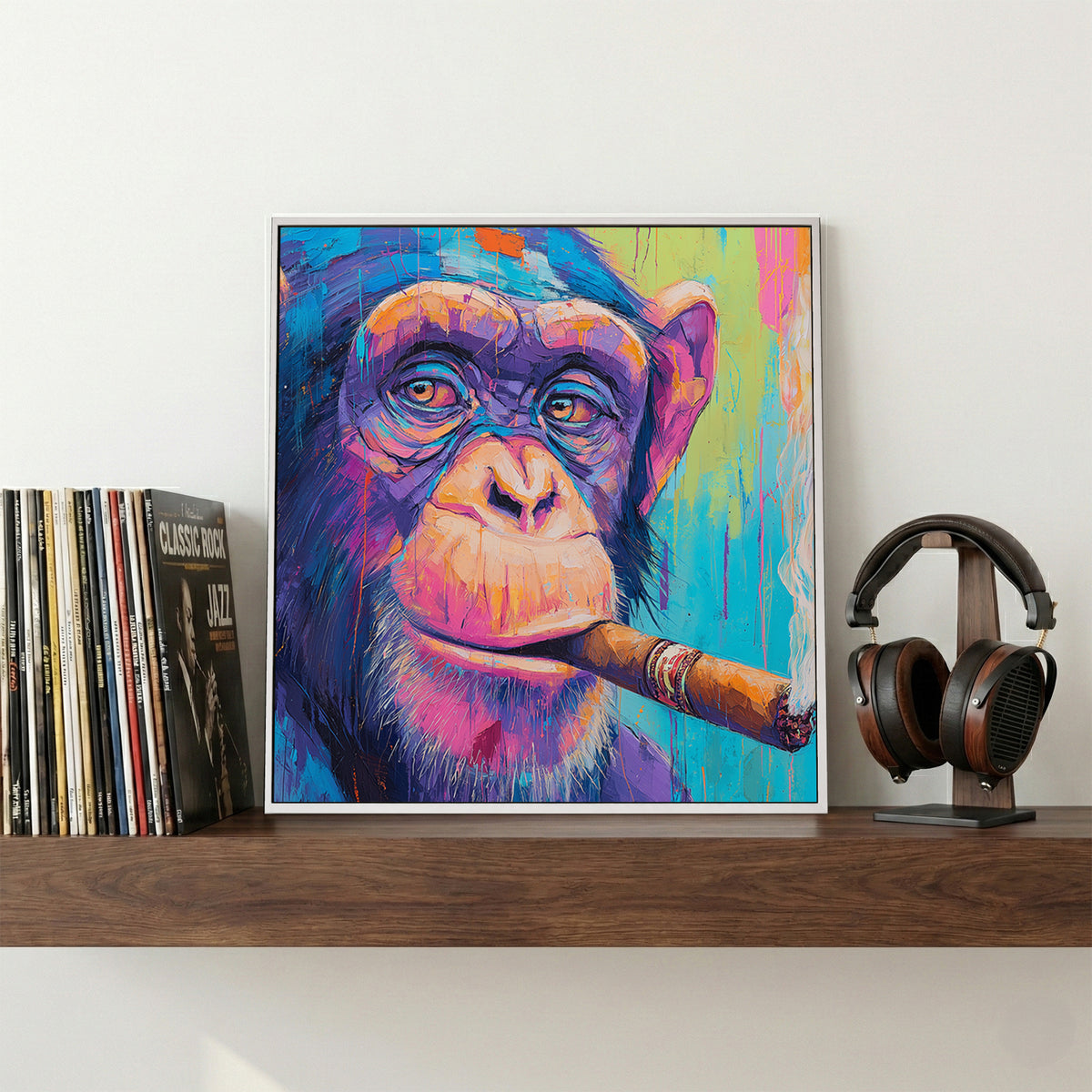 Chimpanzee Smoking Cigar Painting canvas wall art print displayed in a styled living room