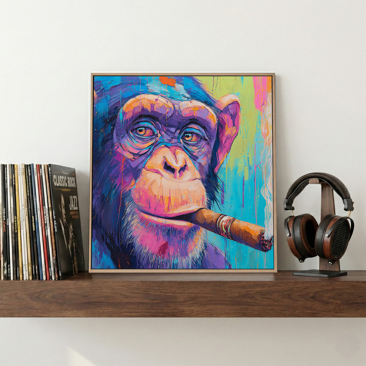 Chimpanzee Smoking Cigar Painting canvas wall art print displayed in a styled living room