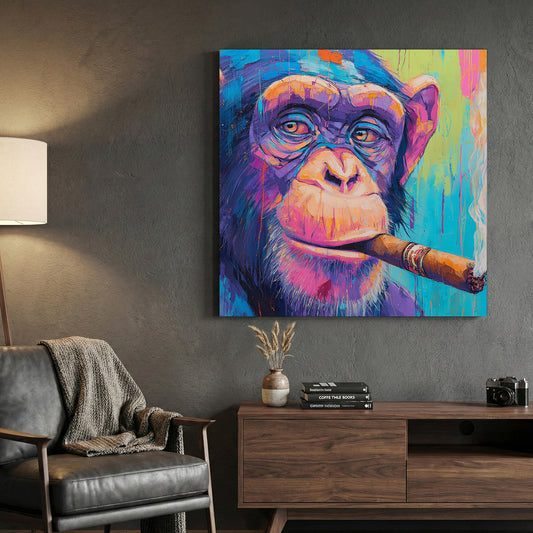 Chimpanzee Smoking Cigar Painting canvas wall art print displayed in a styled living room