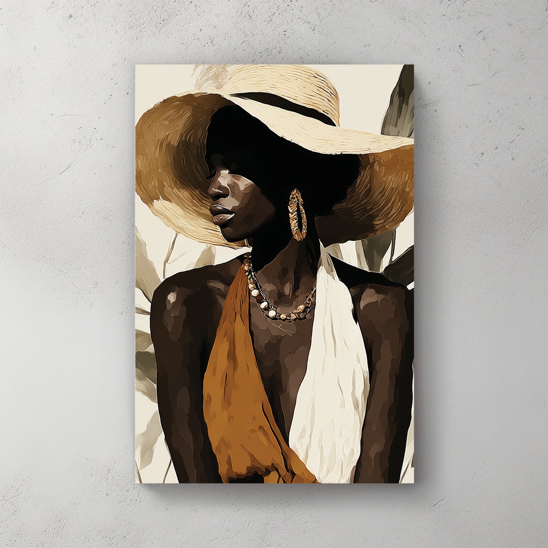 Black woman in straw wide-brim hat, ochre and white dress, pearl necklace, gold earring, minimal beige background — canvas wall art print