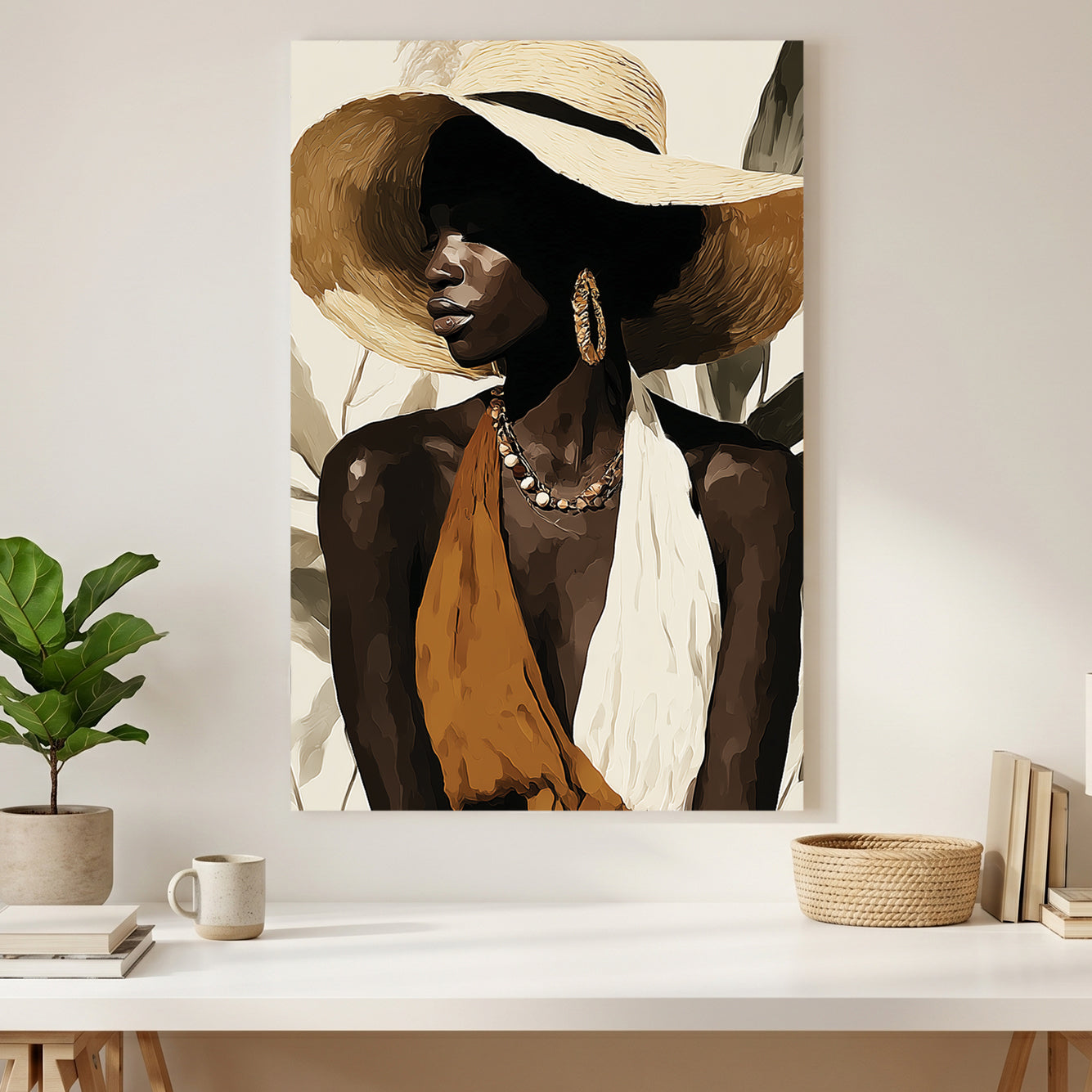 Black Woman Wide Brim Hat Painting canvas wall art print styled in a modern interior