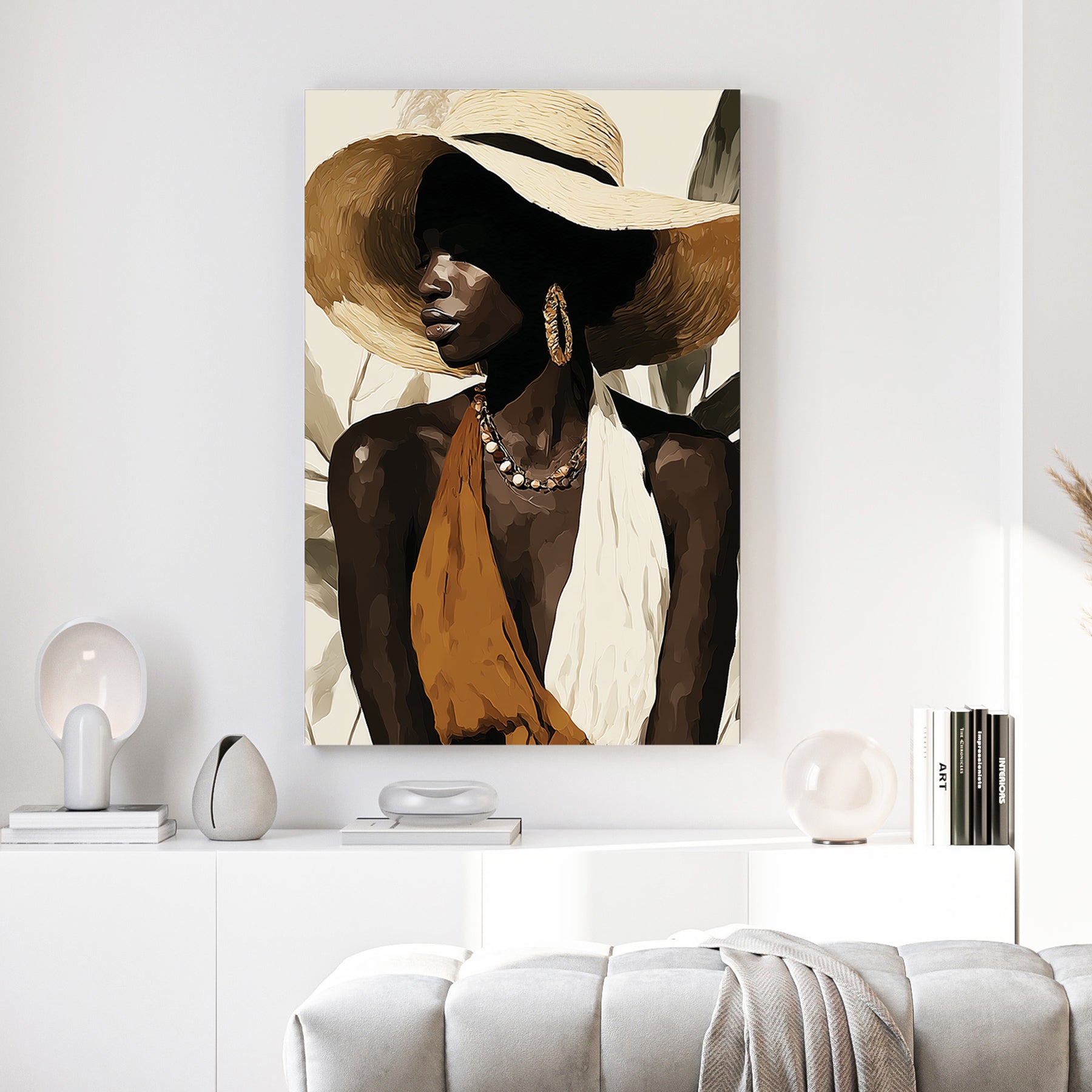 Black Woman Wide Brim Hat Painting canvas wall art print above a sofa in a contemporary living room