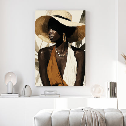 Black Woman Wide Brim Hat Painting canvas wall art print above a sofa in a contemporary living room