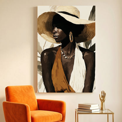 Black Woman Wide Brim Hat Painting canvas wall art print displayed in a styled living room