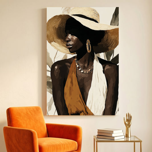 Black Woman Wide Brim Hat Painting canvas wall art print displayed in a styled living room