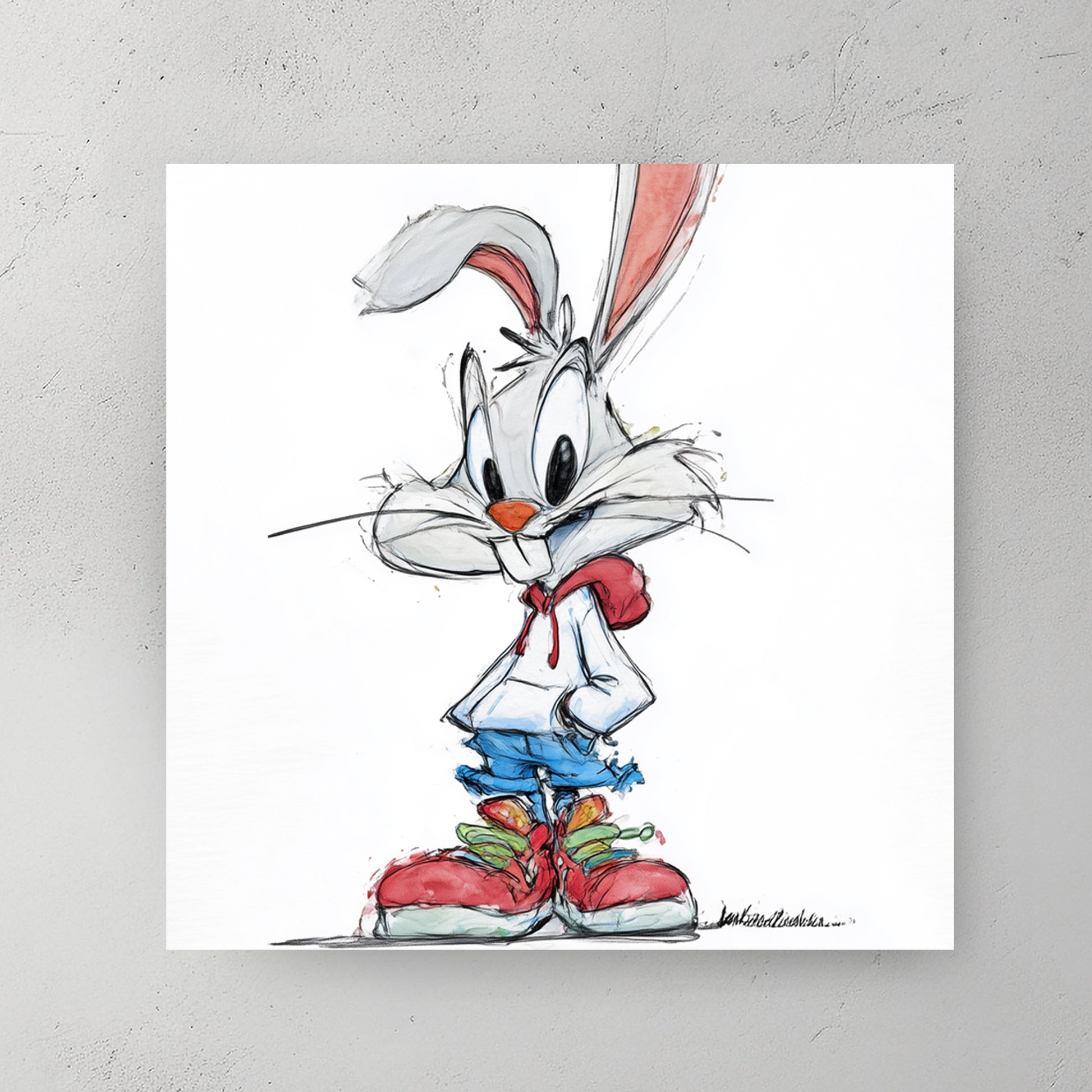 Cartoon rabbit in white shirt, red bow tie, blue shorts, big red sneakers, watercolour and ink sketch — canvas wall art print