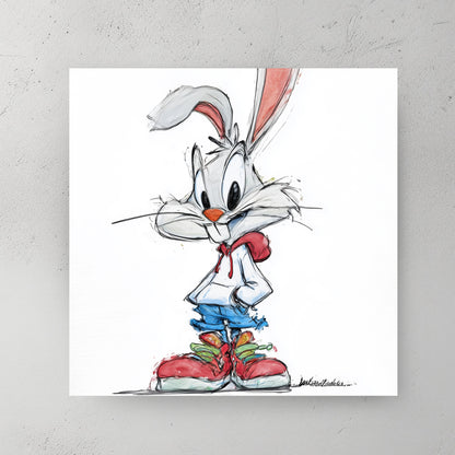 Cartoon rabbit in white shirt, red bow tie, blue shorts, big red sneakers, watercolour and ink sketch — canvas wall art print