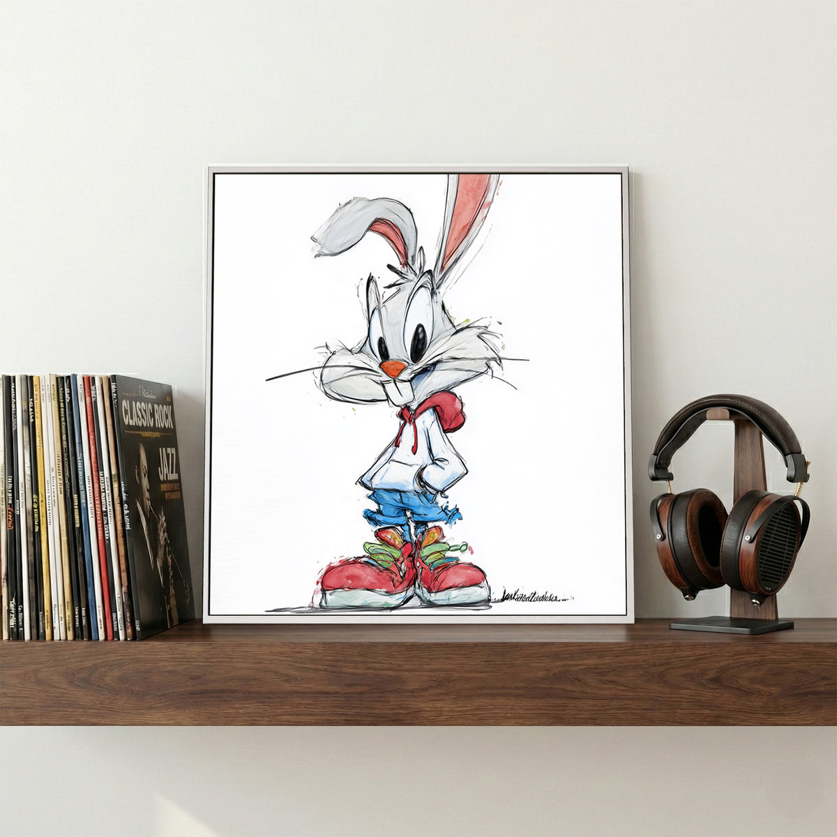 Cartoon Rabbit Sneakers Sketch canvas wall art print displayed in a styled living room