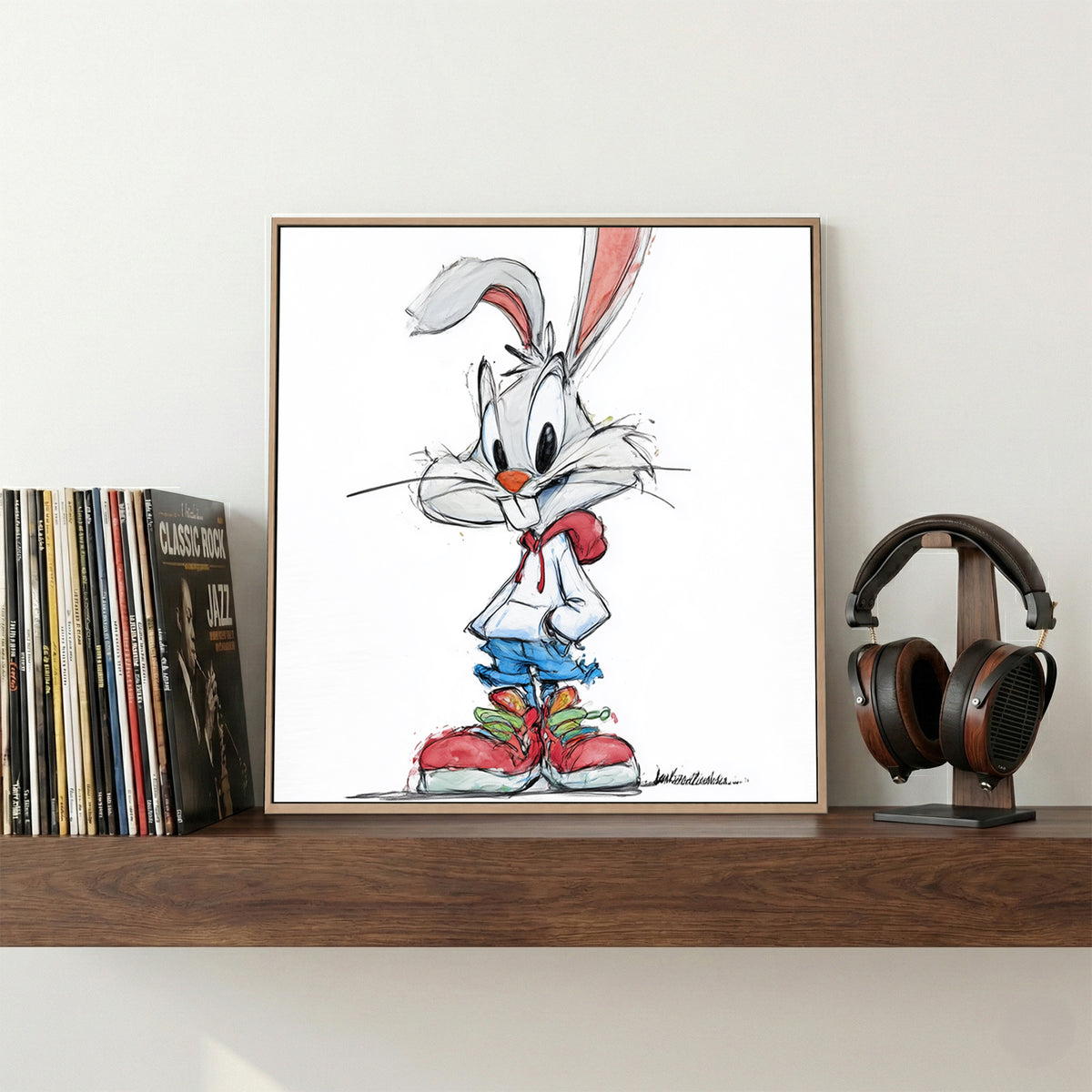 Cartoon Rabbit Sneakers Sketch canvas wall art print displayed in a styled living room