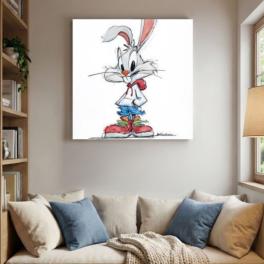 Cartoon Rabbit Sneakers Sketch canvas wall art print displayed in a styled living room