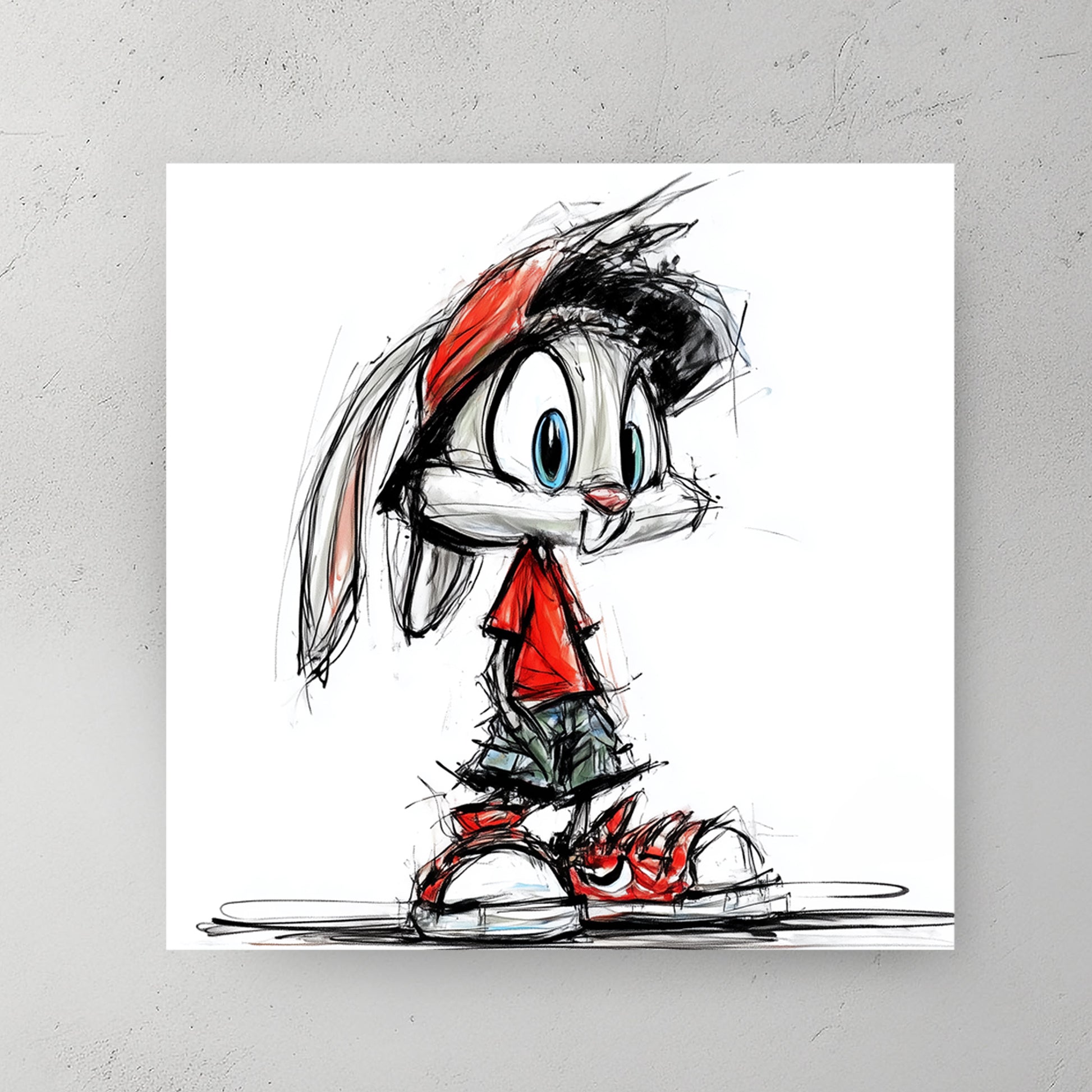 Cartoon bunny in red sneakers and shirt, white fur, big eyes, sketch style — canvas wall art print