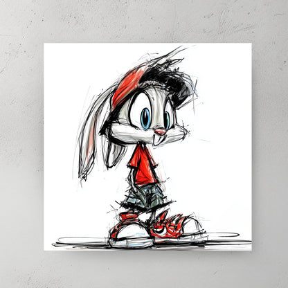 Cartoon bunny in red sneakers and shirt, white fur, big eyes, sketch style — canvas wall art print