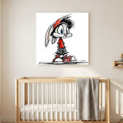 Cartoon Bunny Red Sneakers Sketch canvas wall art print styled in a modern interior