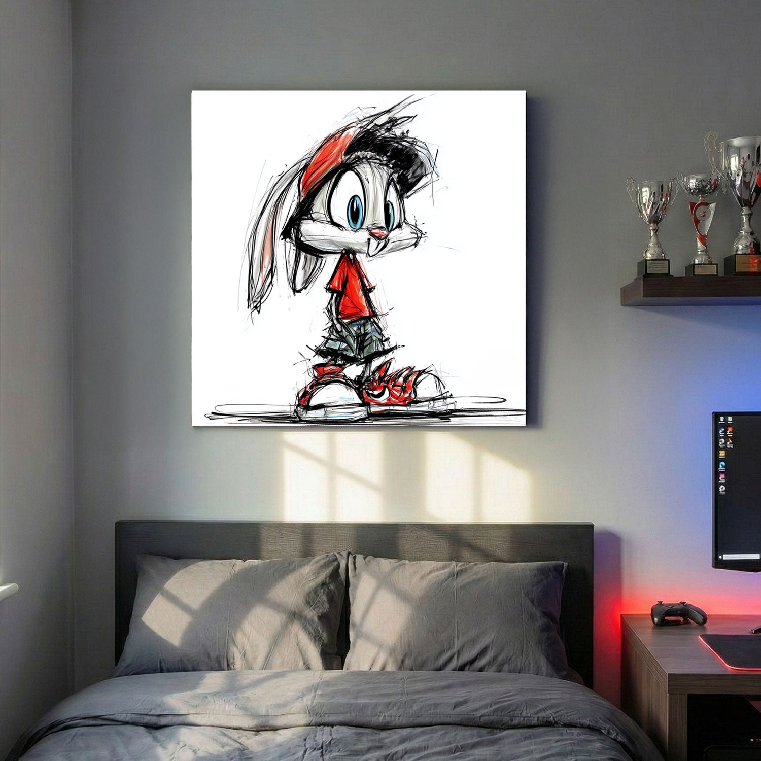 Cartoon Bunny Red Sneakers Sketch canvas wall art print above a sofa in a contemporary living room