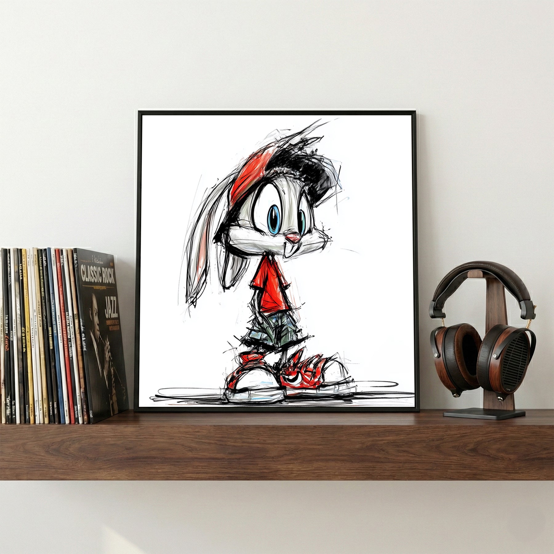 Cartoon Bunny Red Sneakers Sketch framed canvas wall art print in a gallery-style display