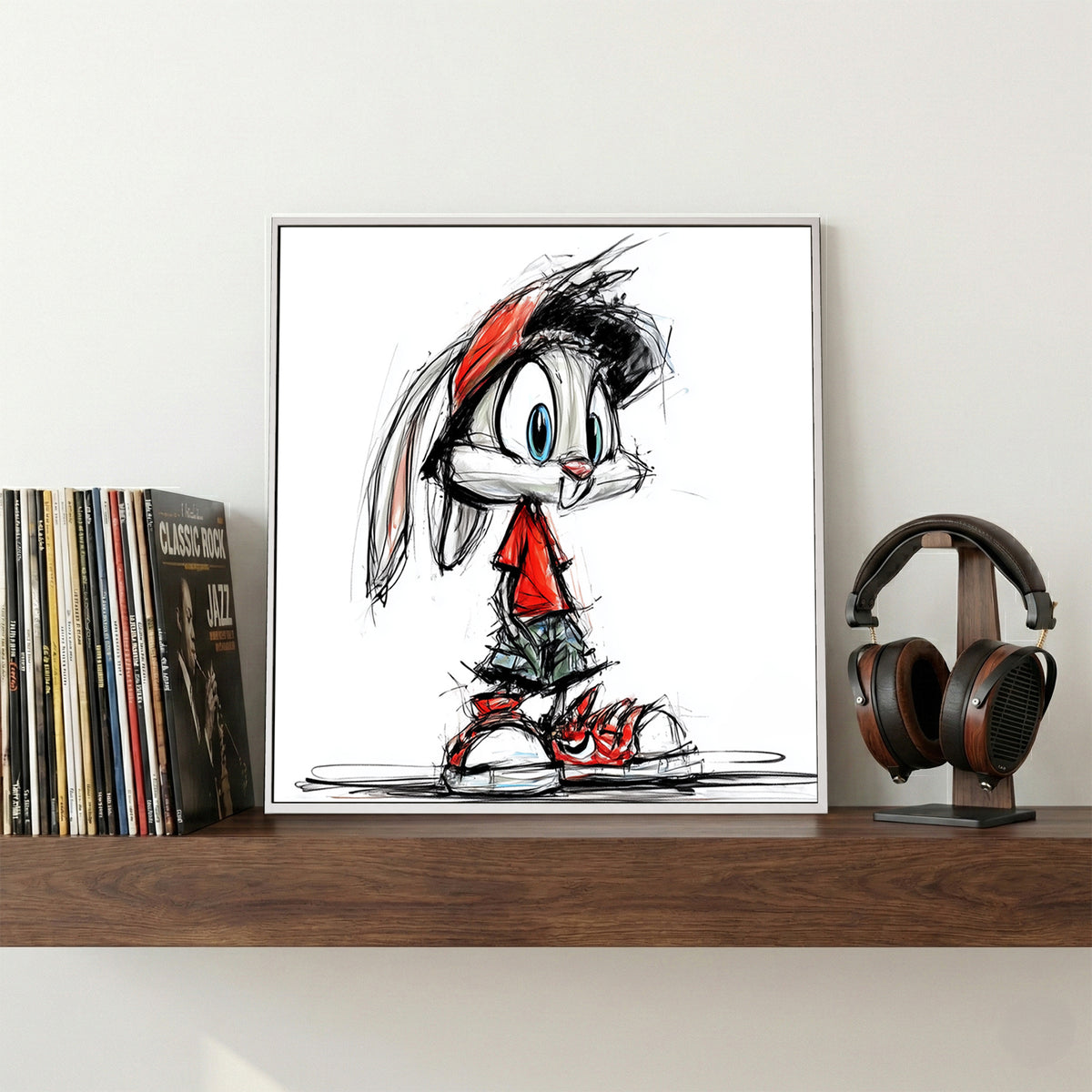 Cartoon Bunny Red Sneakers Sketch canvas wall art print displayed in a styled living room