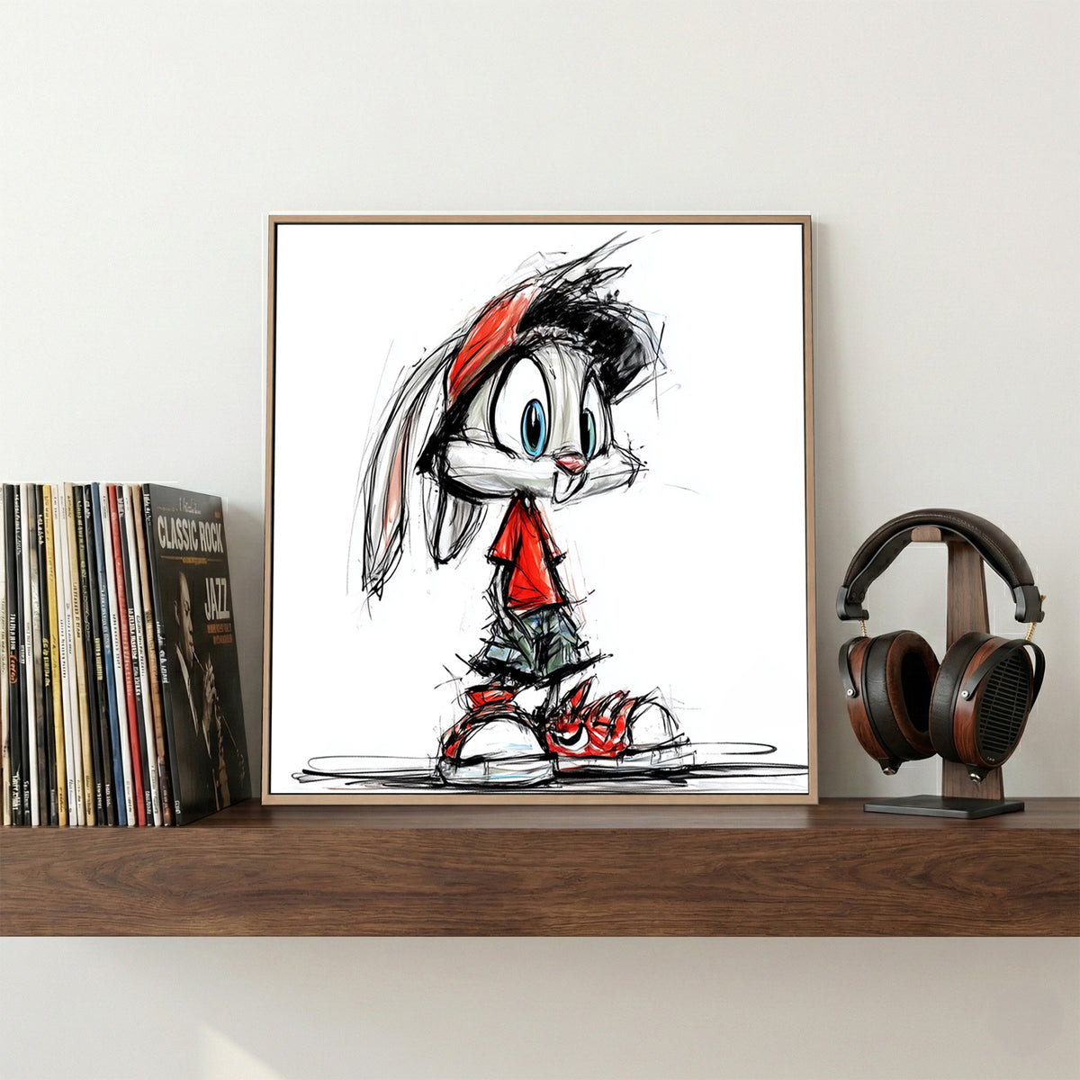 Cartoon Bunny Red Sneakers Sketch canvas wall art print displayed in a styled living room