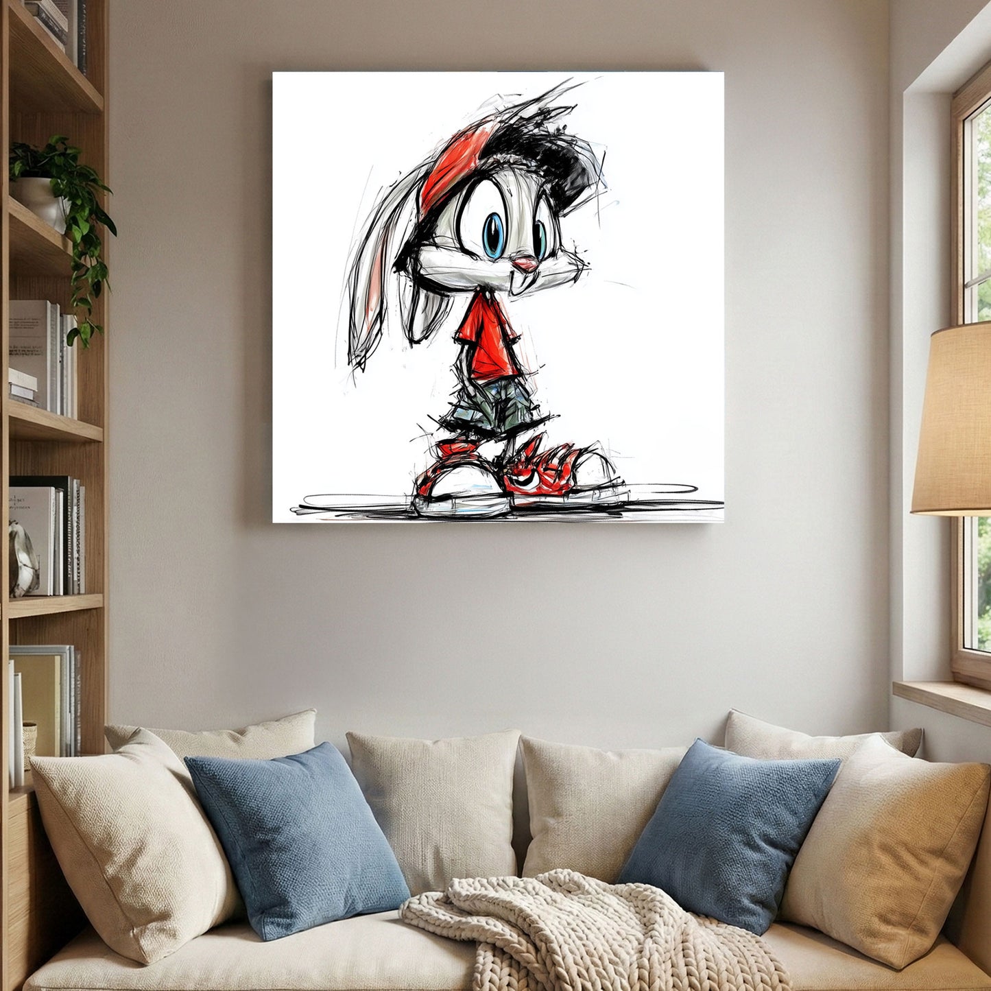 Cartoon Bunny Red Sneakers Sketch canvas wall art print displayed in a styled living room