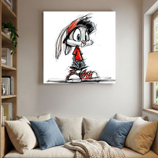 Cartoon Bunny Red Sneakers Sketch canvas wall art print displayed in a styled living room