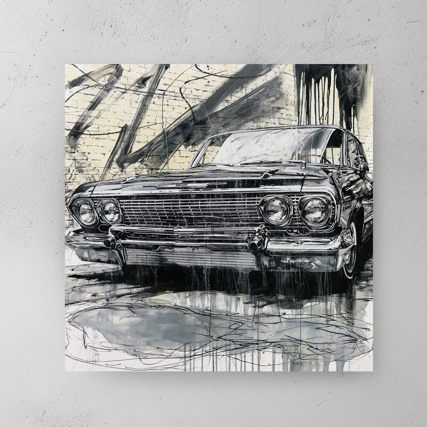 vintage Cadillac front end sketch, black ink on cream/grey background, drippy linework — canvas wall art print