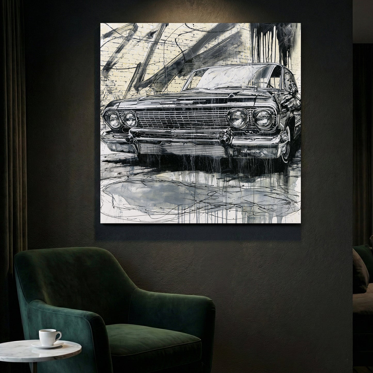 Vintage Cadillac Sketch canvas wall art print styled in a modern interior