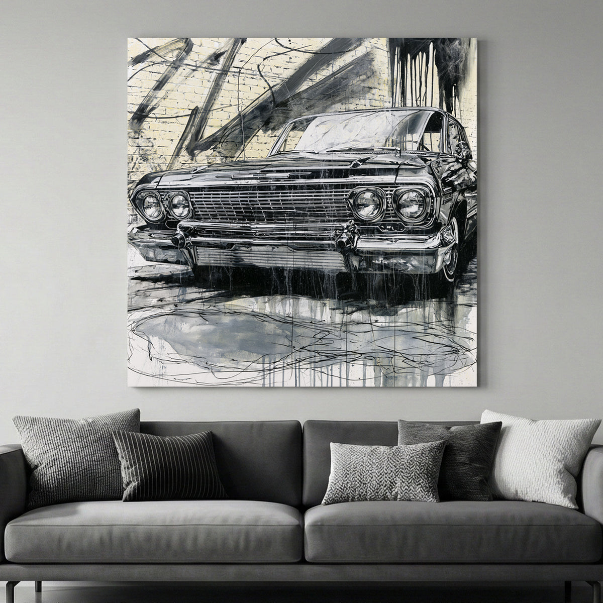 Vintage Cadillac Sketch canvas wall art print above a sofa in a contemporary living room