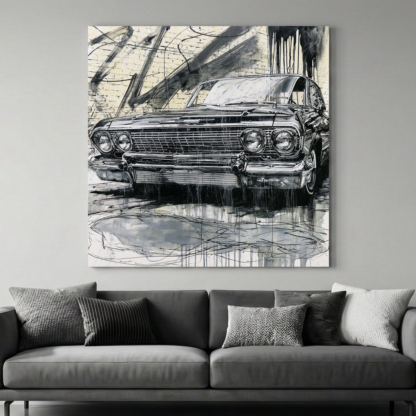 Vintage Cadillac Sketch canvas wall art print above a sofa in a contemporary living room