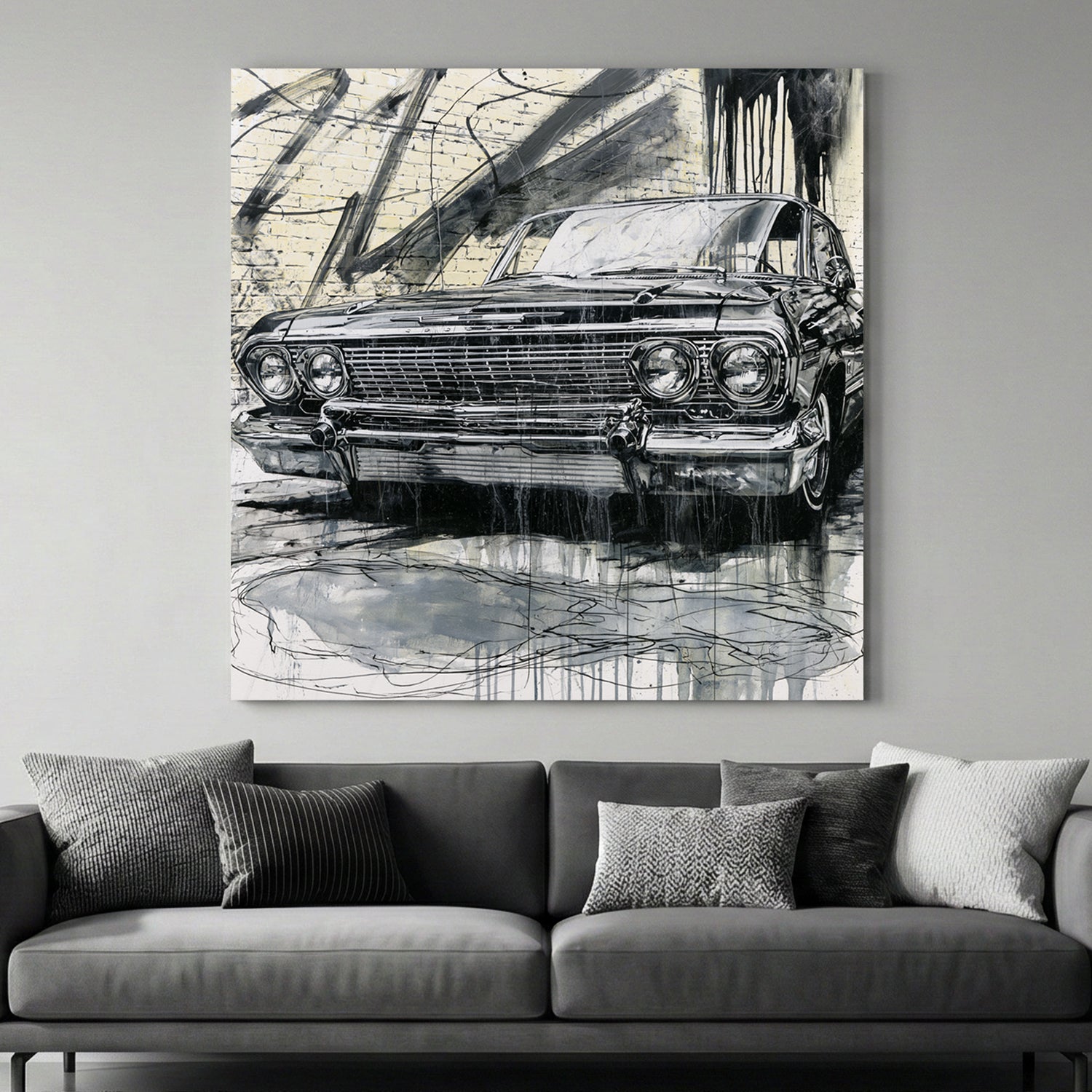 Vintage Cadillac Sketch canvas wall art print above a sofa in a contemporary living room