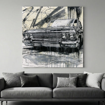 Vintage Cadillac Sketch canvas wall art print above a sofa in a contemporary living room