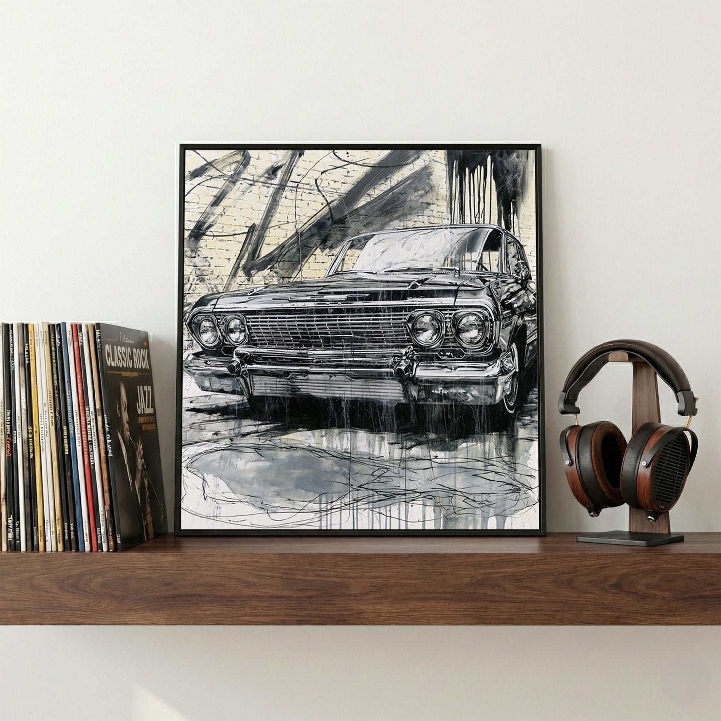 Vintage Cadillac Sketch framed canvas wall art print in a gallery-style display