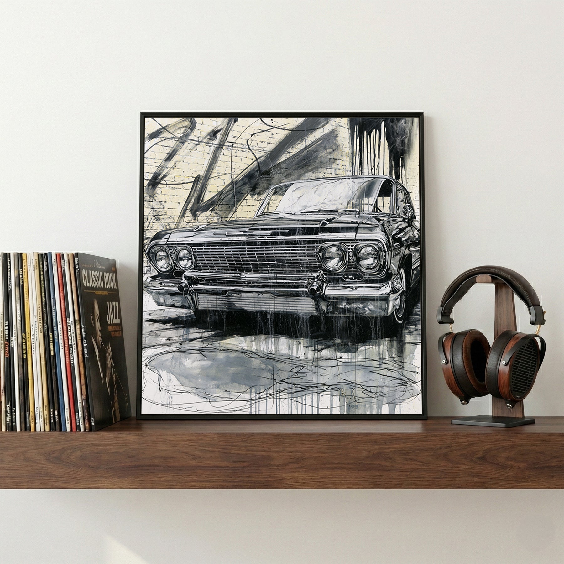 Vintage Cadillac Sketch framed canvas wall art print in a gallery-style display