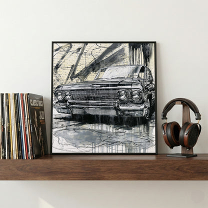 Vintage Cadillac Sketch framed canvas wall art print in a gallery-style display