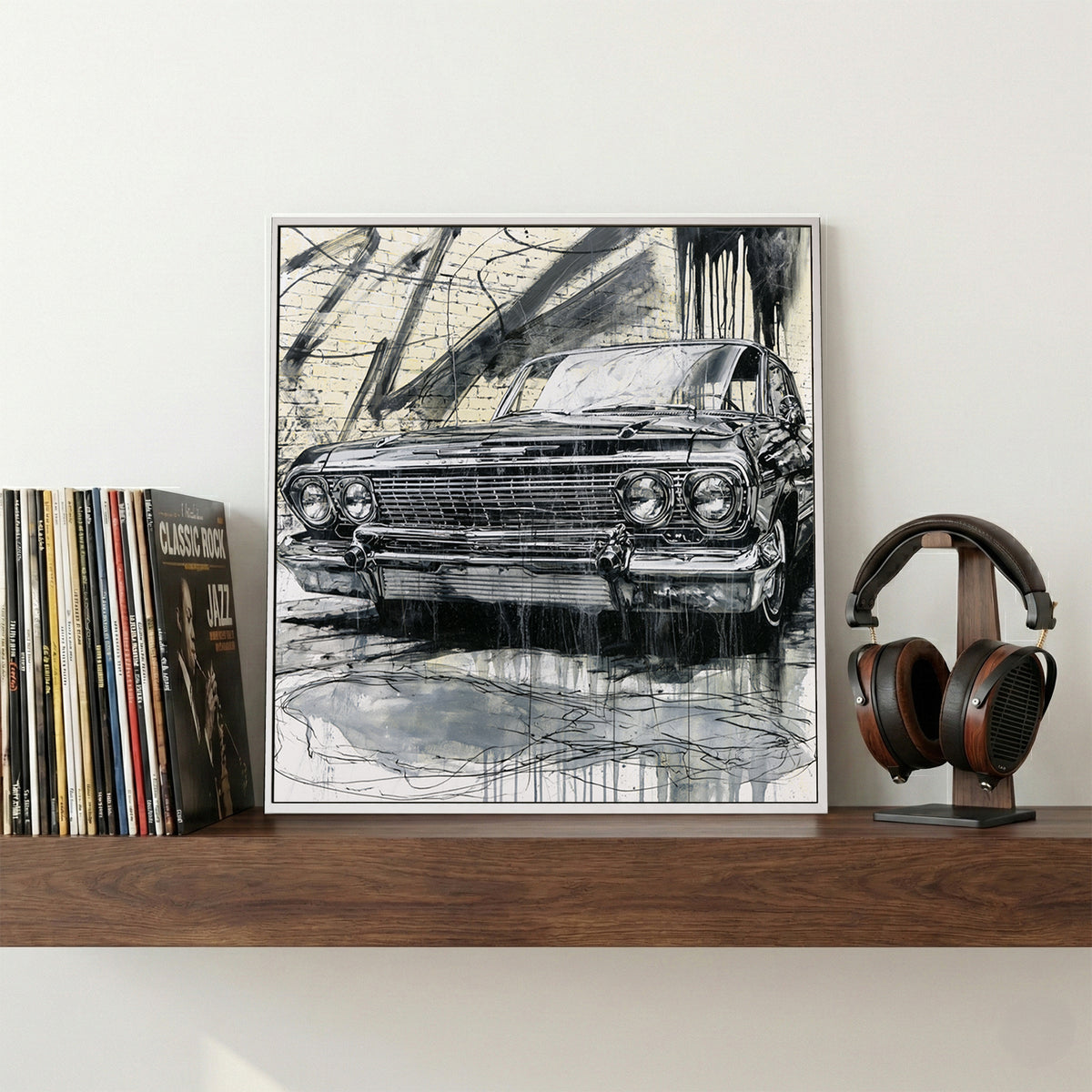 Vintage Cadillac Sketch canvas wall art print displayed in a styled living room
