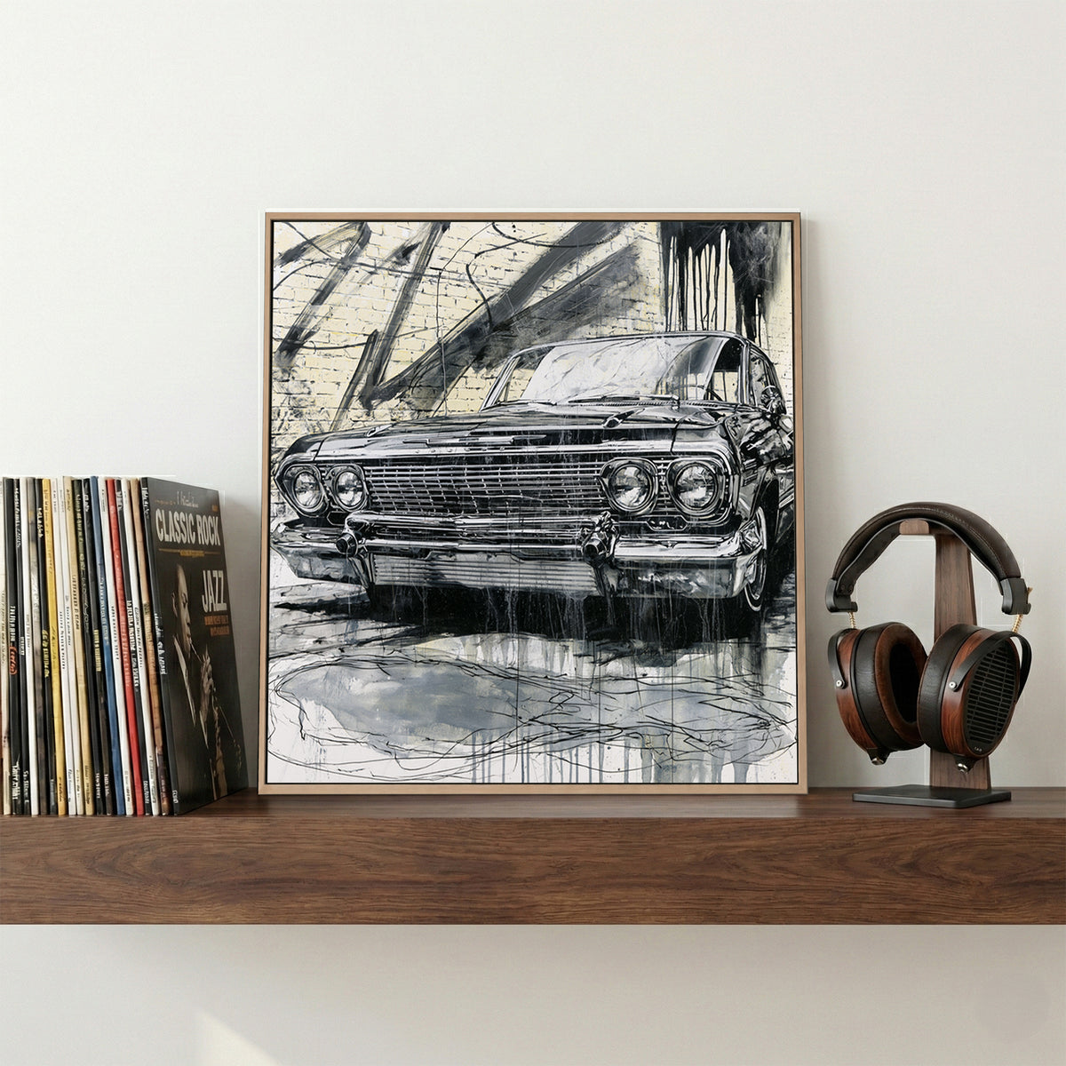 Vintage Cadillac Sketch canvas wall art print displayed in a styled living room