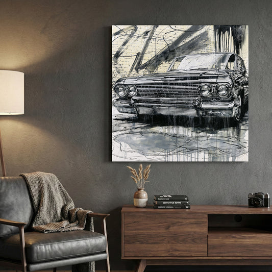 Vintage Cadillac Sketch canvas wall art print displayed in a styled living room