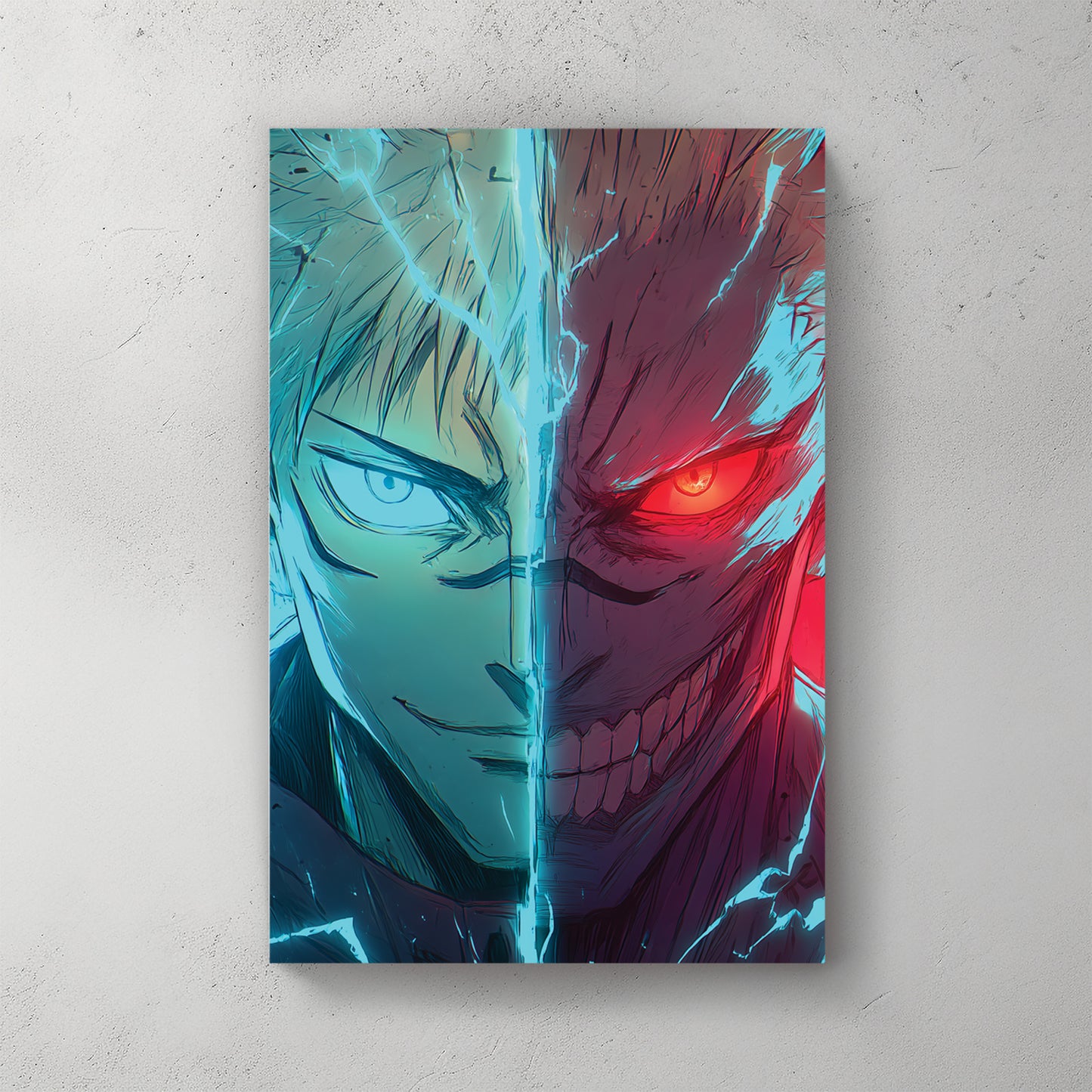 Gojo Satoru split face, blue side and red side, neon lightning, anime — canvas wall art print