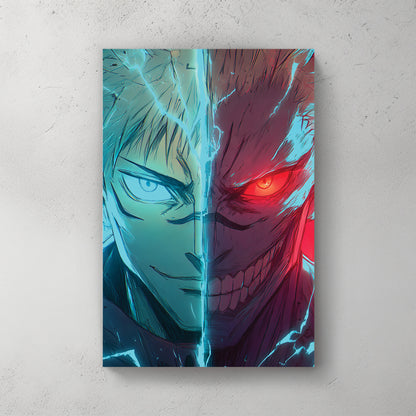 Gojo Satoru split face, blue side and red side, neon lightning, anime — canvas wall art print
