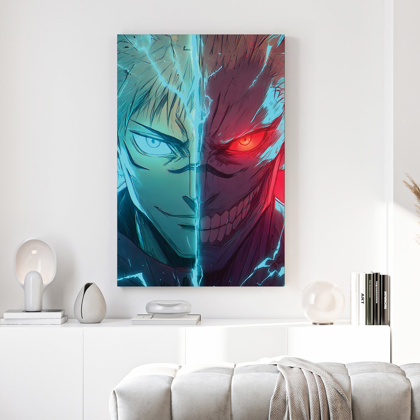 Gojo Satoru Jujutsu Kaisen Anime canvas wall art print above a sofa in a contemporary living room